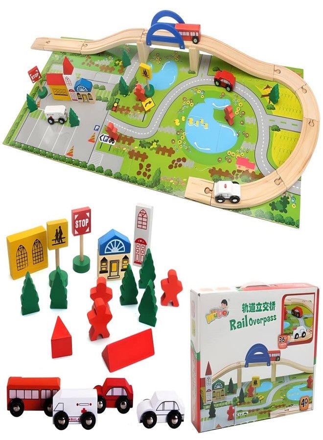 Busy Brain Wooden Rail Over Pass Set, 40 Piece City Building Blocks with Overpass Track, Vehicles, Buildings, Educational STEM Toy for Ages 3+ - Image 1
